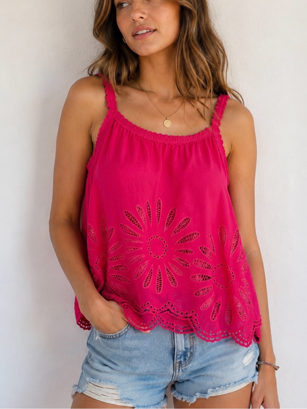 Joie M red linen blend embroidered cutout floral flowy scallop dress edge tank